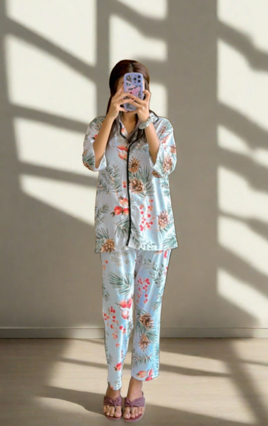 Elegent White Floral Night wear PJs in quater sleeves